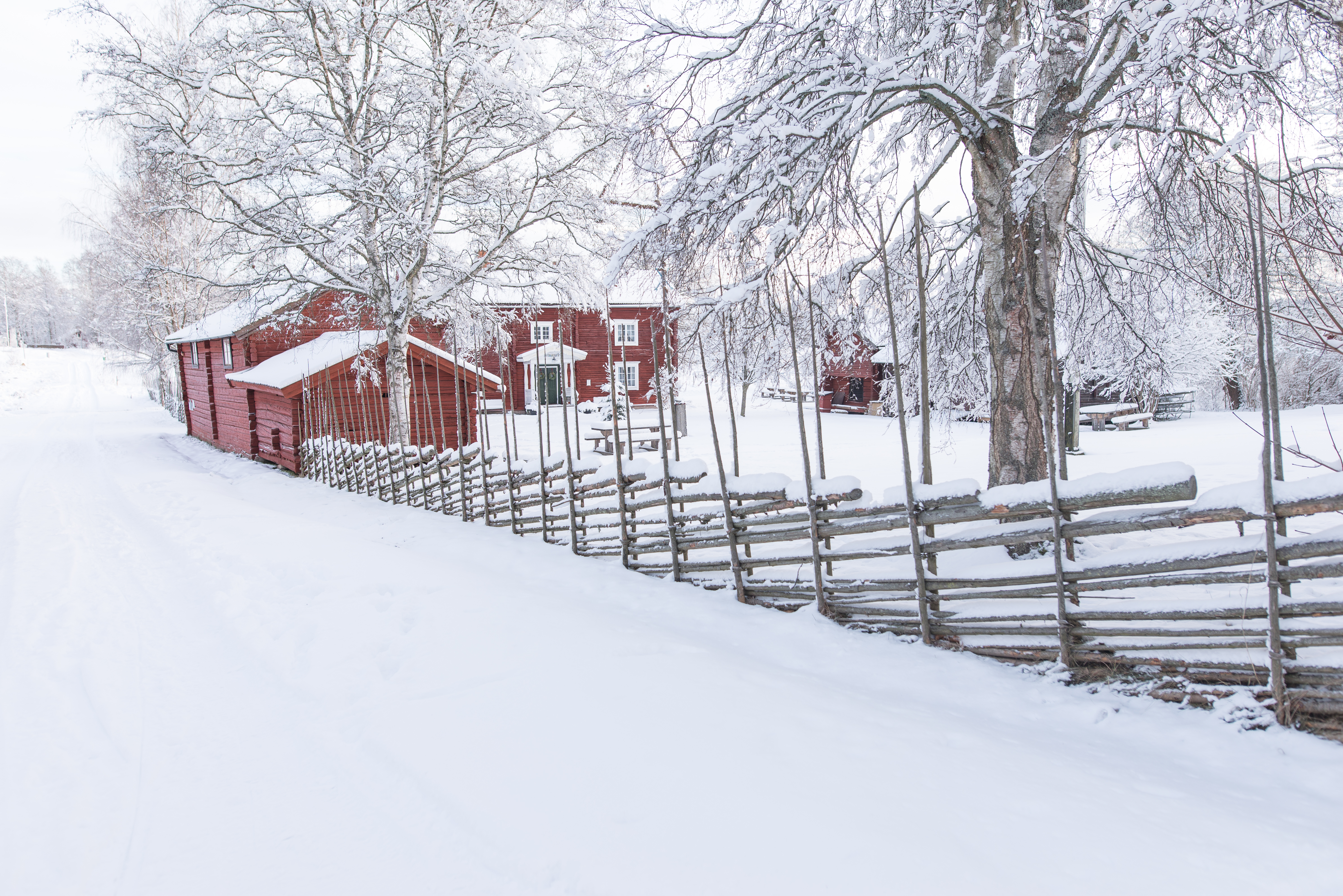 Vinterväg, staket och gammal byggnad täckt av snö